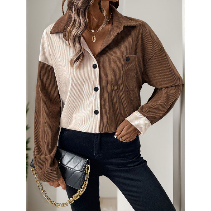 Women's Corduroy Blouse with Color-Block Design