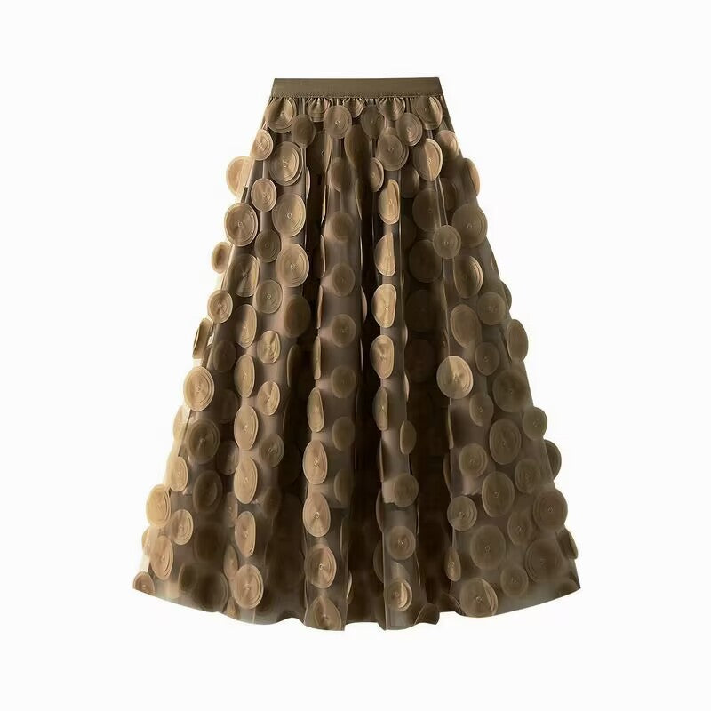 Flared Midi Skirt with Transparent 3D Appliqués and Elastic Waistband