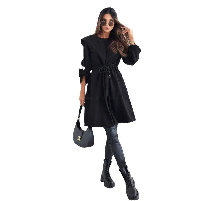 Loose Hooded Sweatcoat with Adjustable Waist and Elegant Details