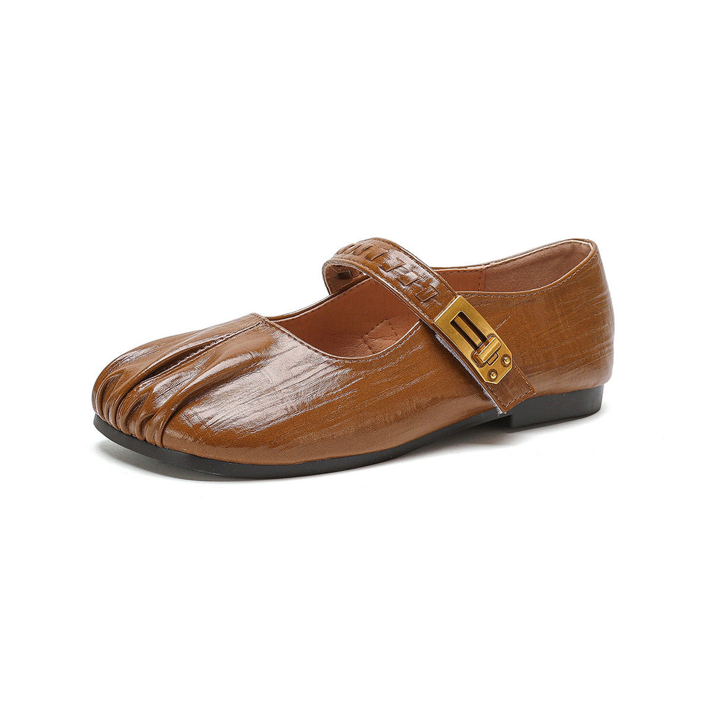 Women's Ballet Flats with Decorative Strap and Leather Surface