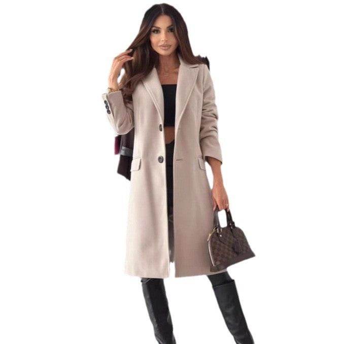 Women's Classic Oversized Coat with Lapel Collar and Pockets