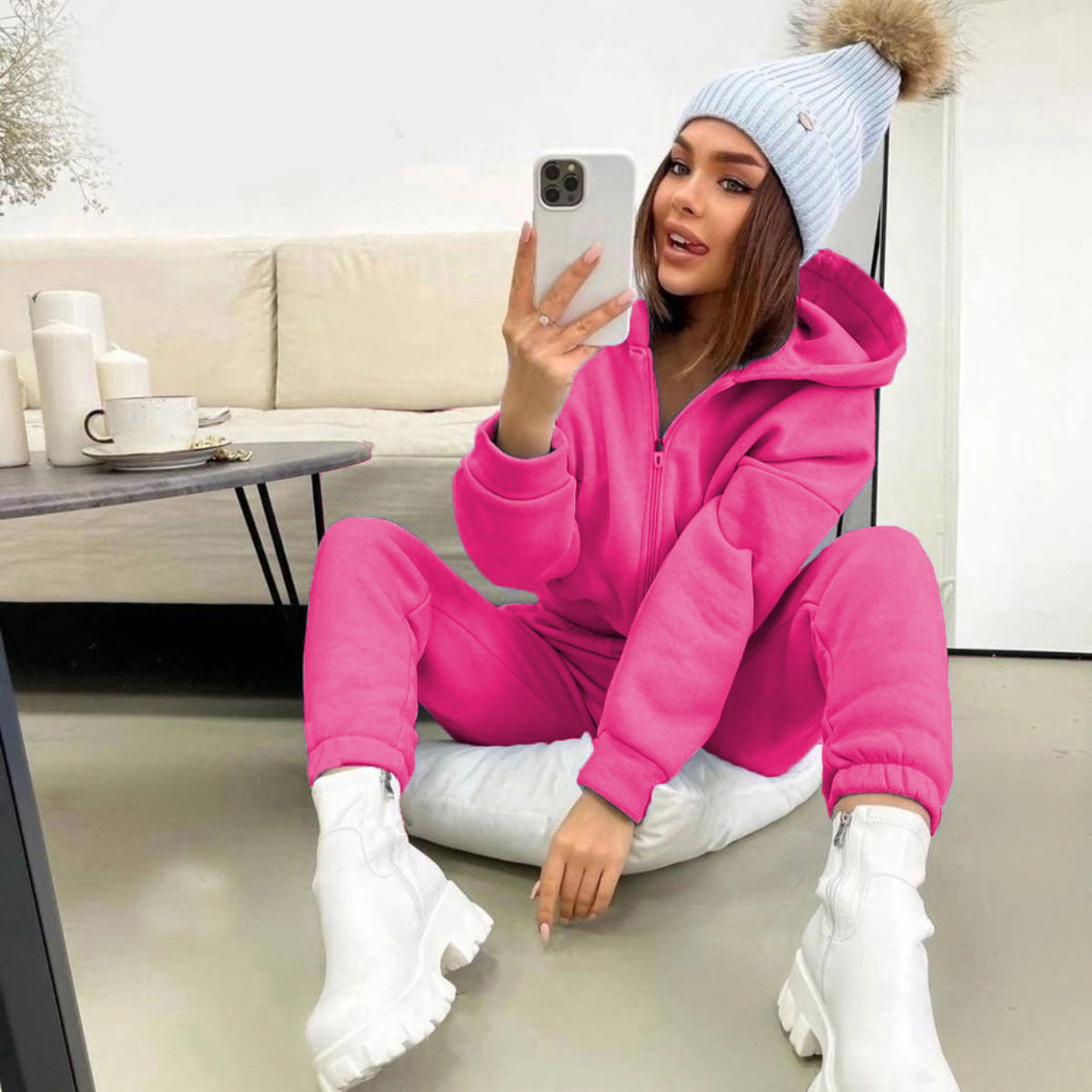 Women's Cozy Hooded Suit with Zipper and Elastic Cuffs