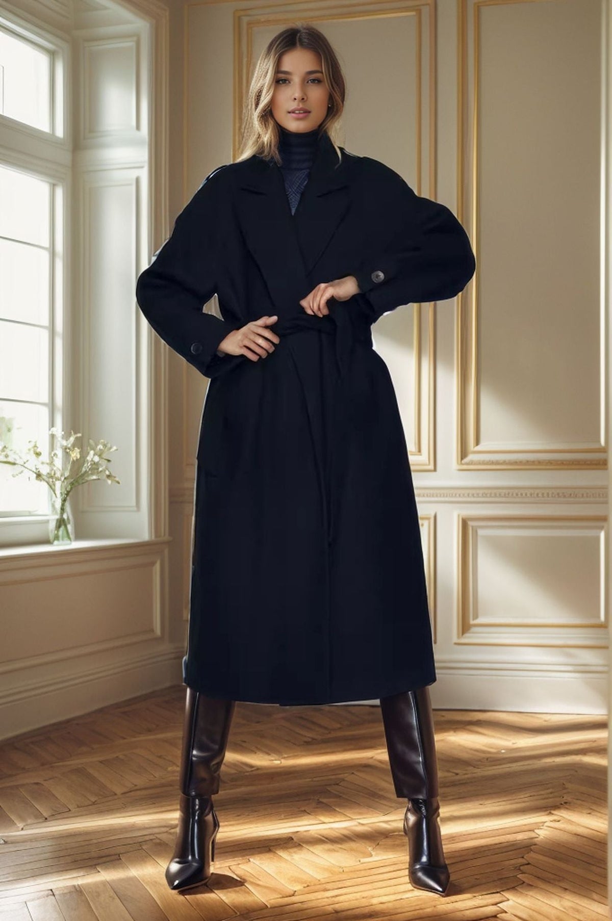 Women's Elegant Long Coat with Wide Lapel and Belt