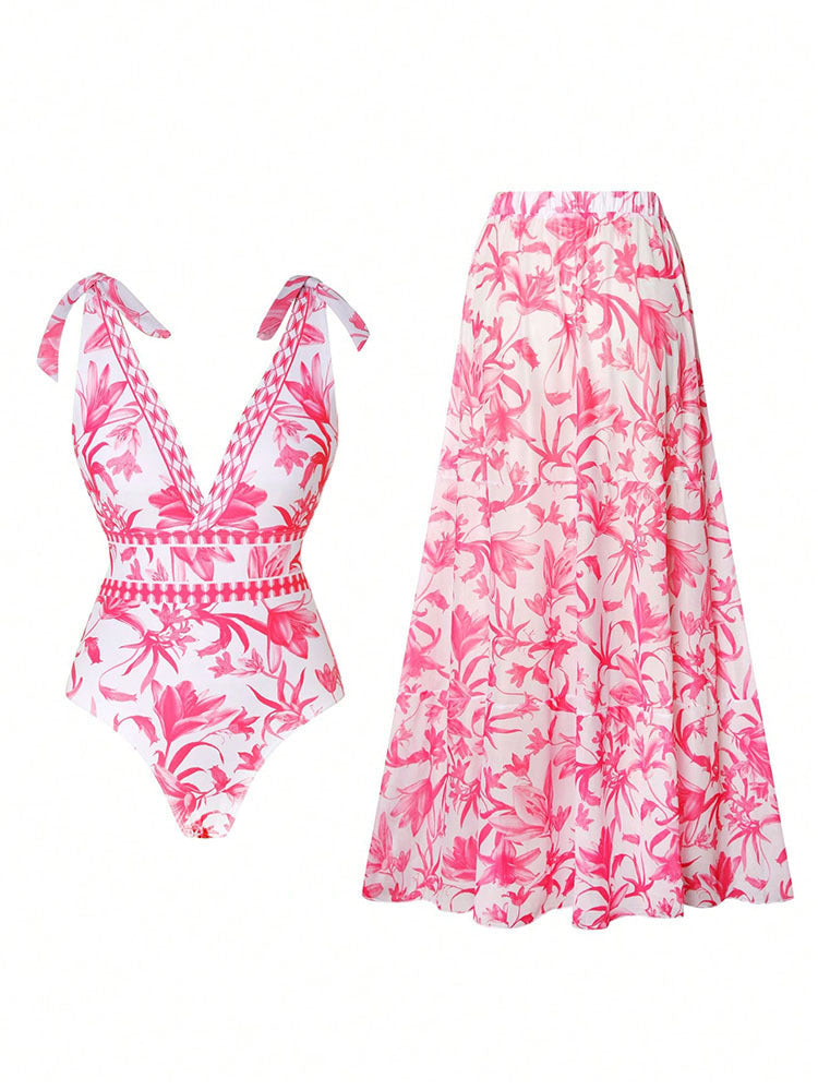 Women's Swimsuit with Floral Design and Matching Maxi Skirt