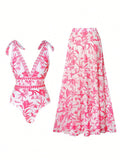 Women's Swimsuit with Floral Design and Matching Maxi Skirt