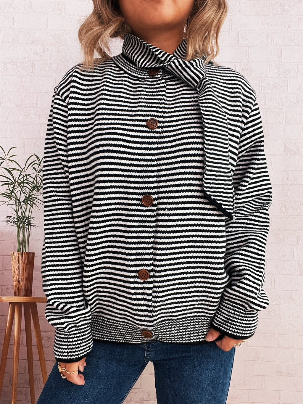 Striped Cardigan with Modern Collar and Button Closure