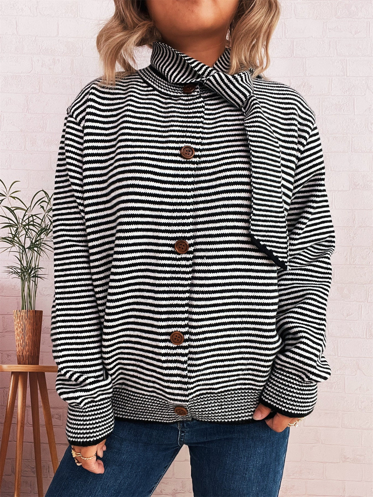Striped Cardigan with Modern Collar and Button Closure