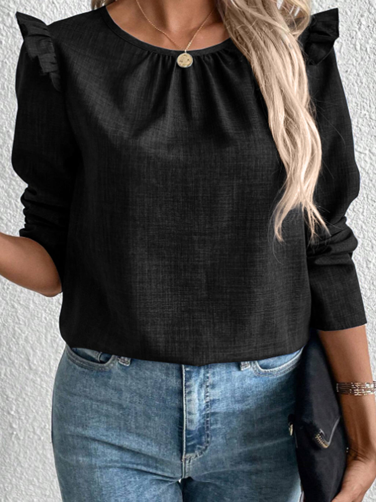 Elegant Blouse with Ruffle Details and Round Neckline