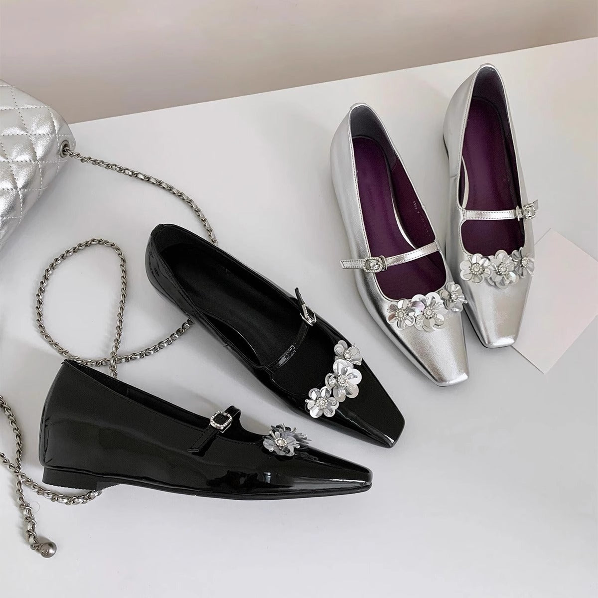 Women's Ballet Flats with Floral Appliqués and Glossy Finish