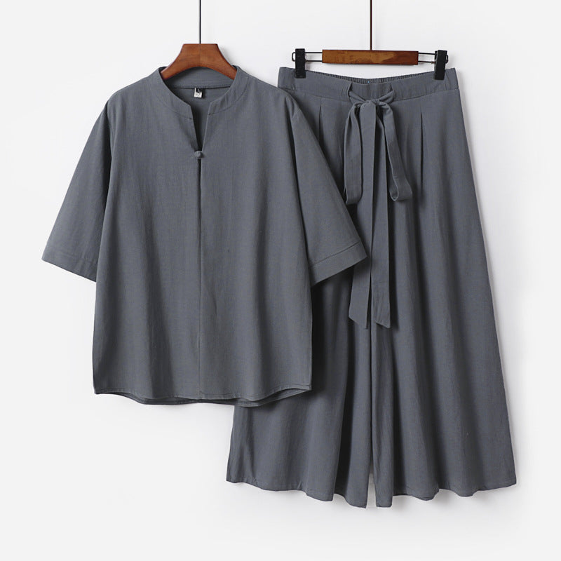 Women's Casual Linen-Viscose Lounge Set with Stand Collar Top and Wide Palazzo Pants