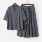 Women's Casual Linen-Viscose Lounge Set with Stand Collar Top and Wide Palazzo Pants