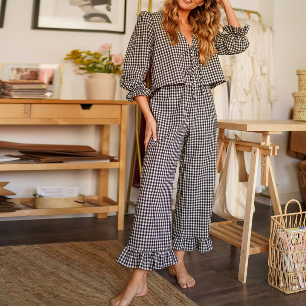 Women's Plaid Pajama Suit with Ruffle Details