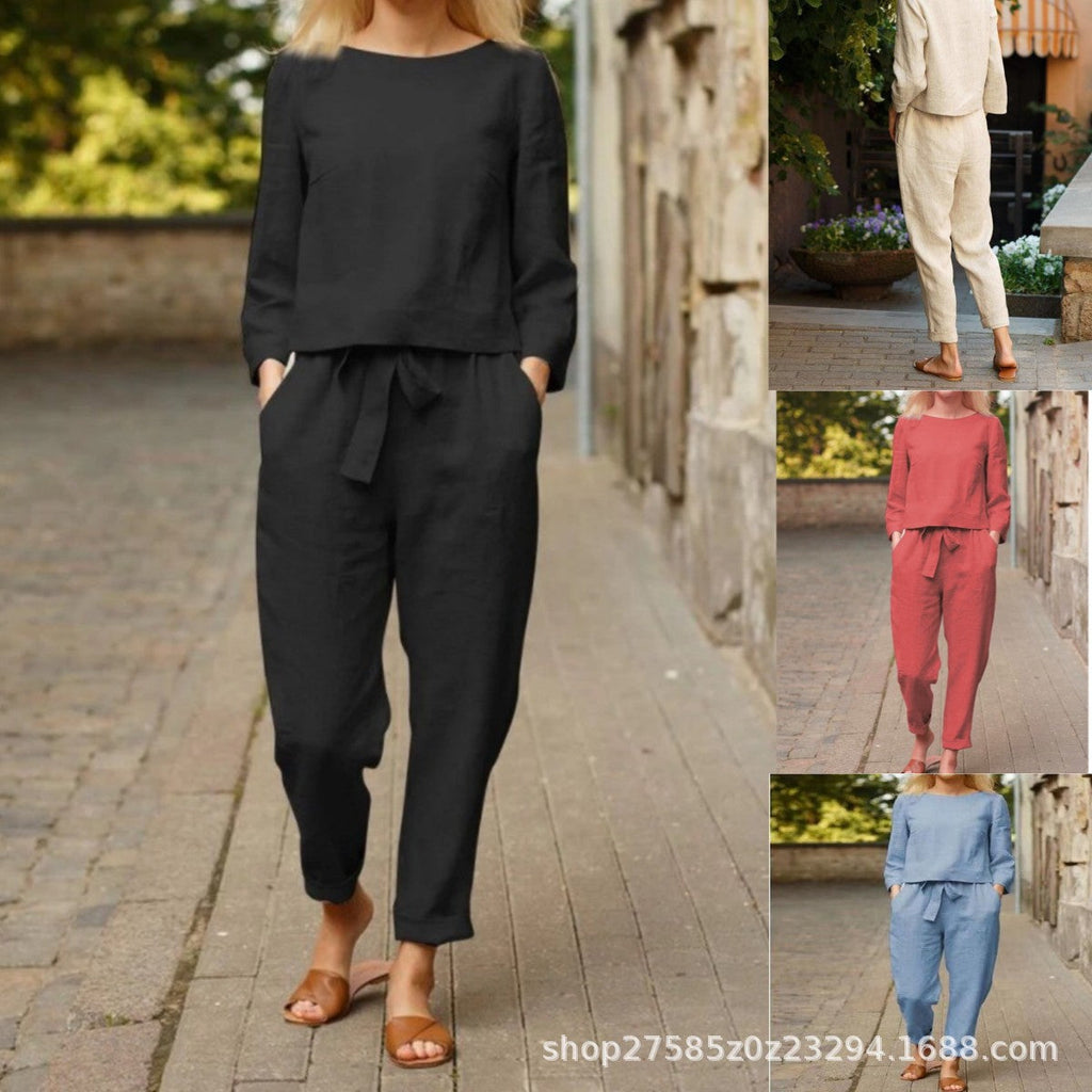 Women's Linen Set with Cropped Top and Elastic Waist