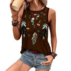 Sleeveless Top with Colorful Feather and Floral Print