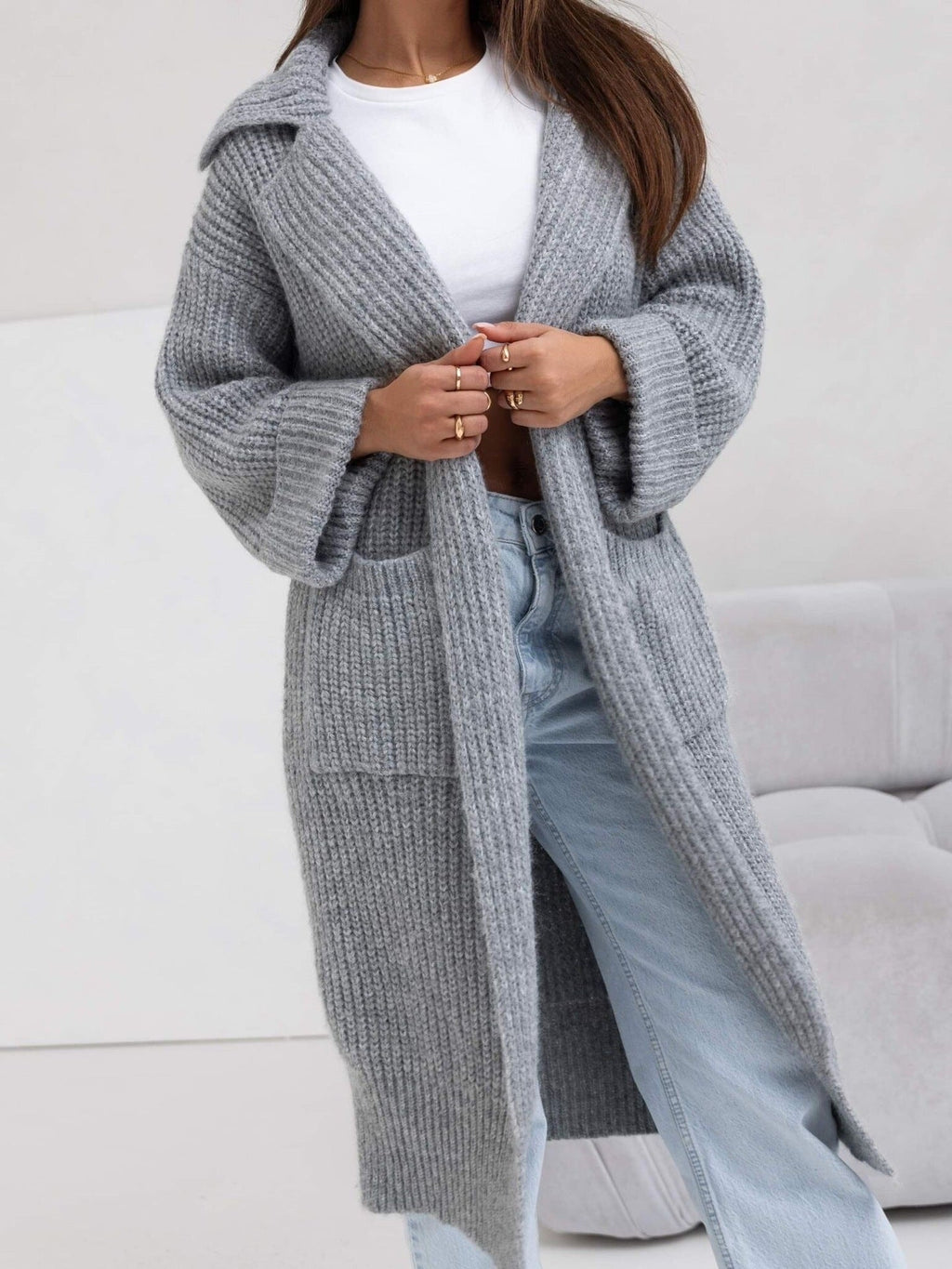 Women's Long Knit Coat with Hood and Pockets