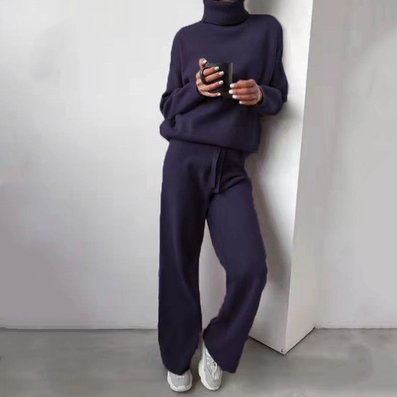 Women's Elegant Knit Loungewear Set with High Neck and Wide Leg