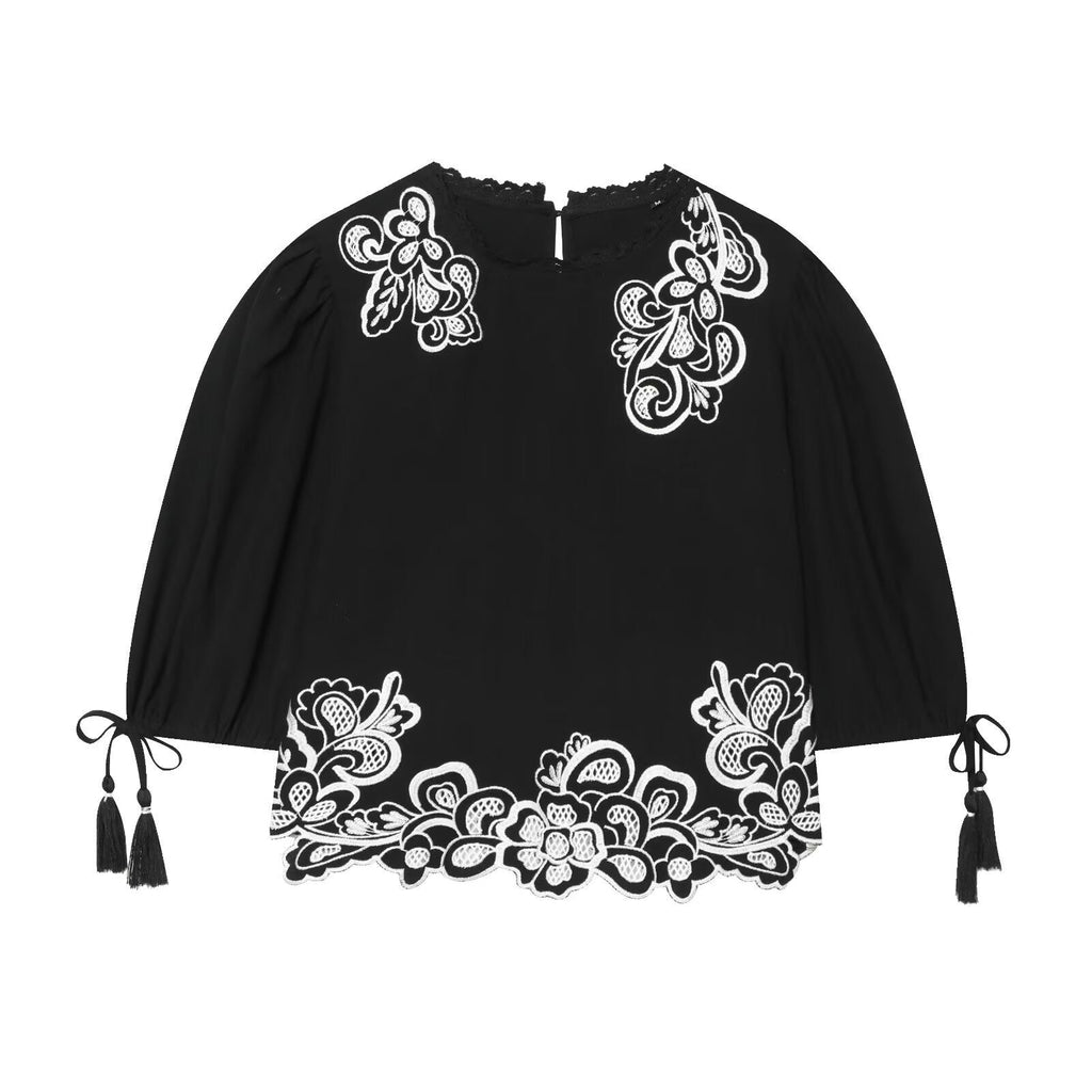 Women's Blouse with Floral Lace and Flutter Sleeves