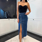 Denim Midi Skirt with Side Slit and Button Details