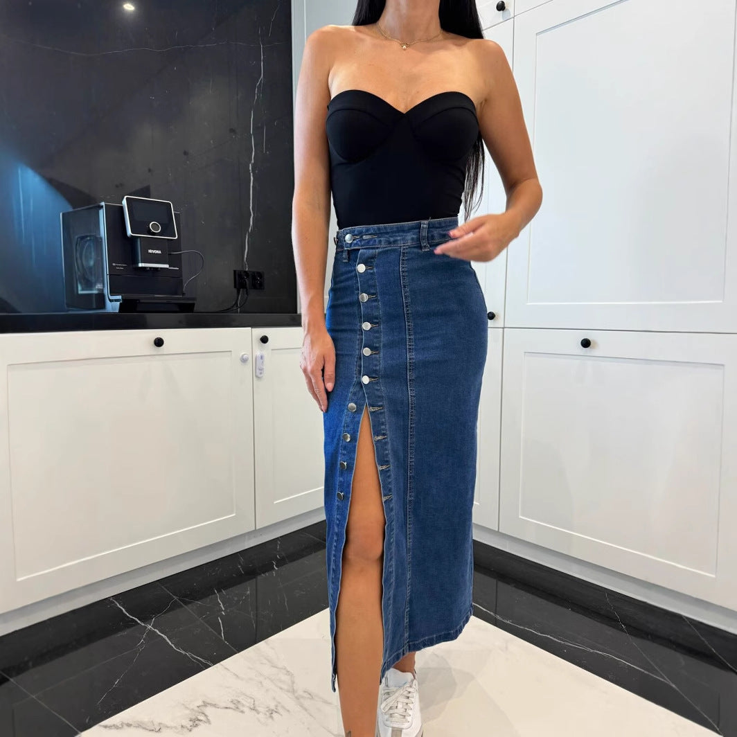 Denim Midi Skirt with Side Slit and Button Details