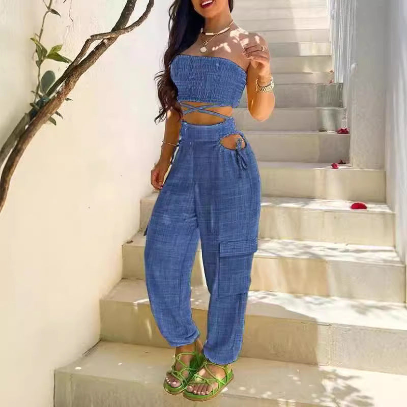 Women's Fashionable Two-Piece Set with Crop Top and Cargo Pants