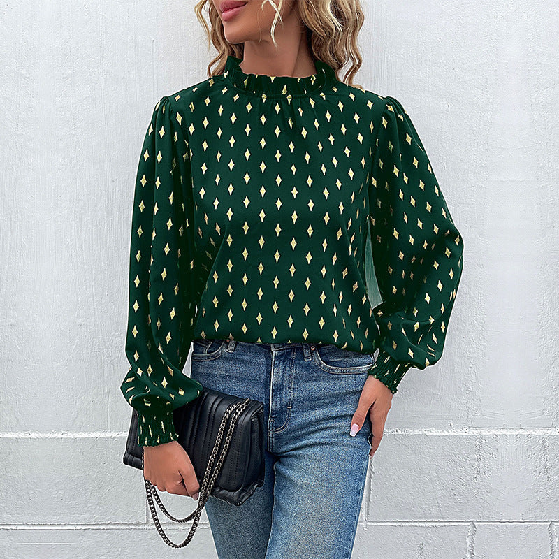 Women's Blouse with High-Quality Print and Puff Sleeves