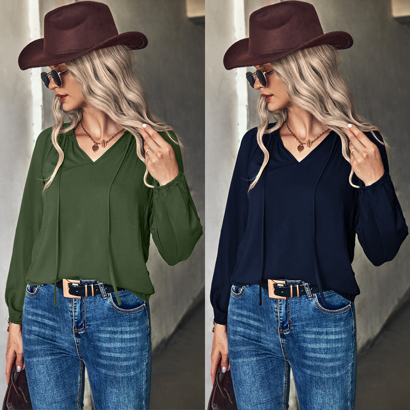 Women's Blouse with Elegant Ruffles and V-Neck