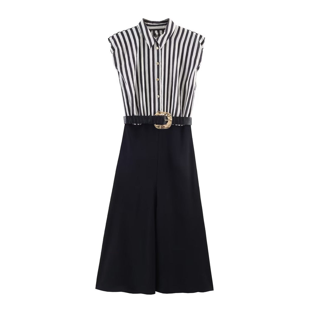 Women's Striped Jumpsuit with Decorative Belt