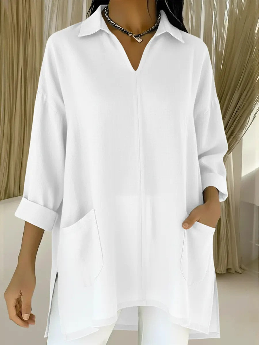 Women's Long-Sleeve Blouse with V-Neck and Pockets