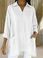 Women's Long-Sleeve Blouse with V-Neck and Pockets