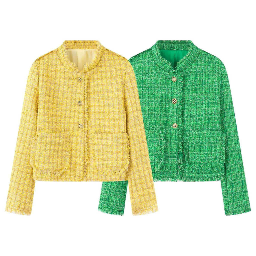 Women's Elegant Textured Short Jacket with Gold Buttons