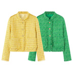 Women's Elegant Textured Short Jacket with Gold Buttons
