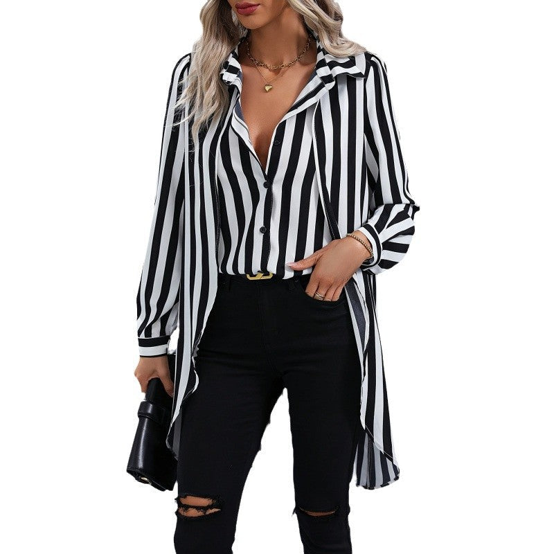 Women's Long-Sleeve Striped Shirt with Asymmetrical Hem