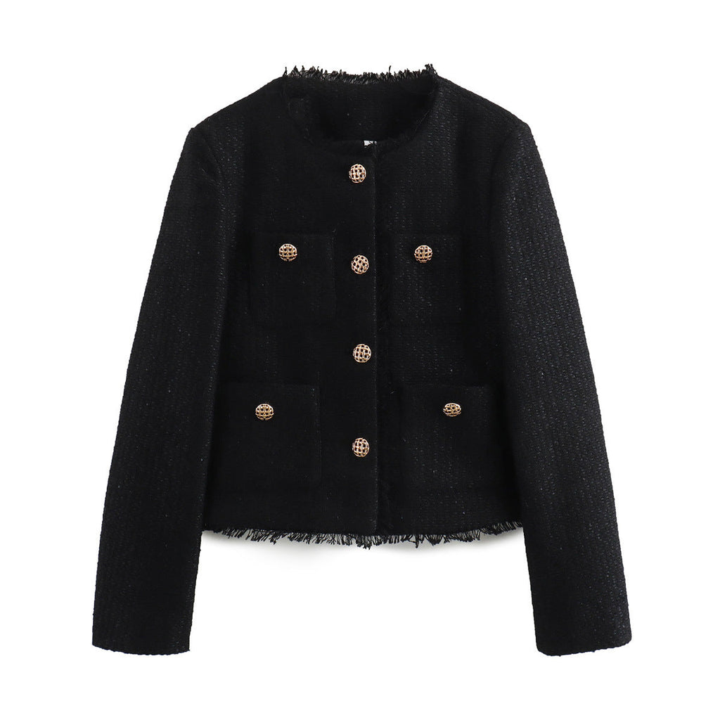 Women's Elegant Tweed Jacket with Fringe and Pockets