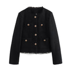 Women's Elegant Tweed Jacket with Fringe and Pockets