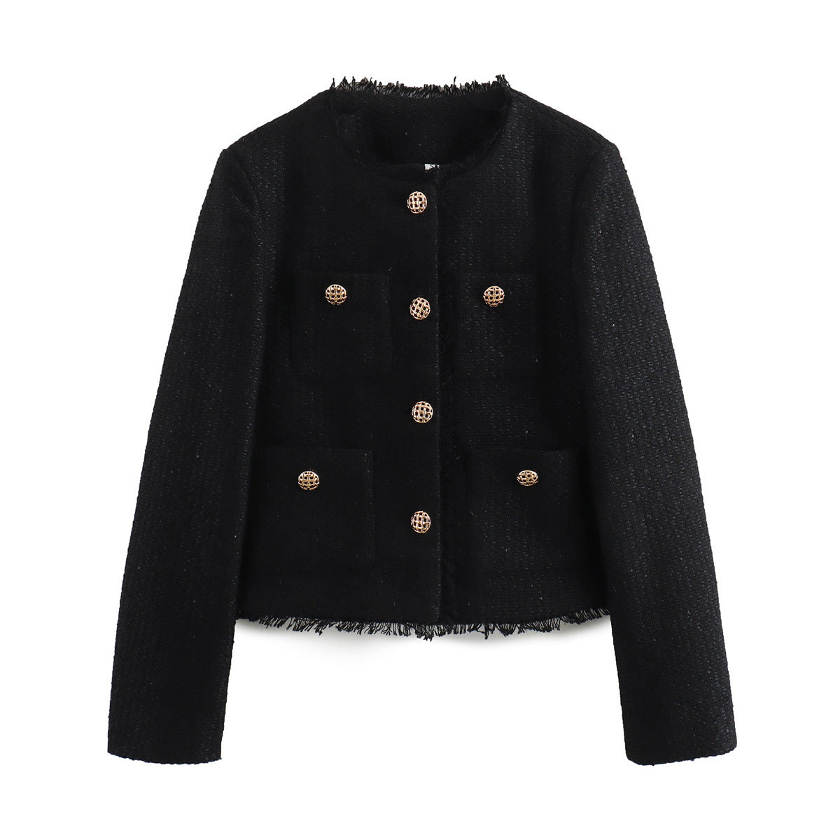 Women's Elegant Tweed Jacket with Fringe and Pockets