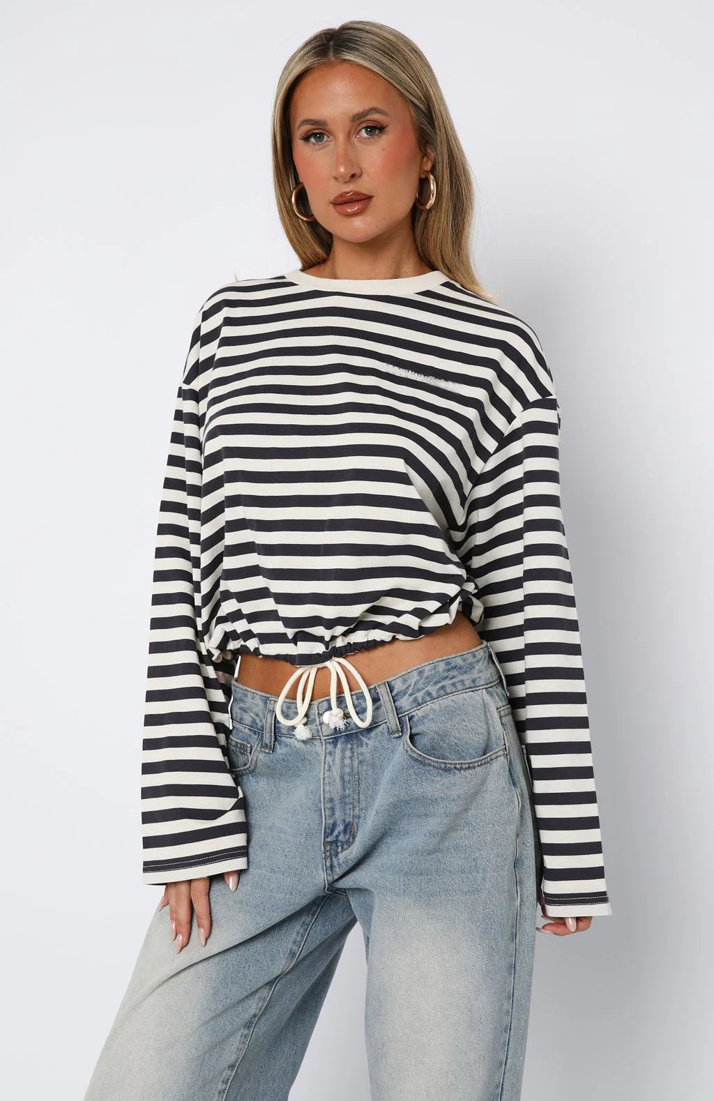 Women's Cropped Striped Sweatshirt with Drawstring