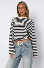 Women's Cropped Striped Sweatshirt with Drawstring