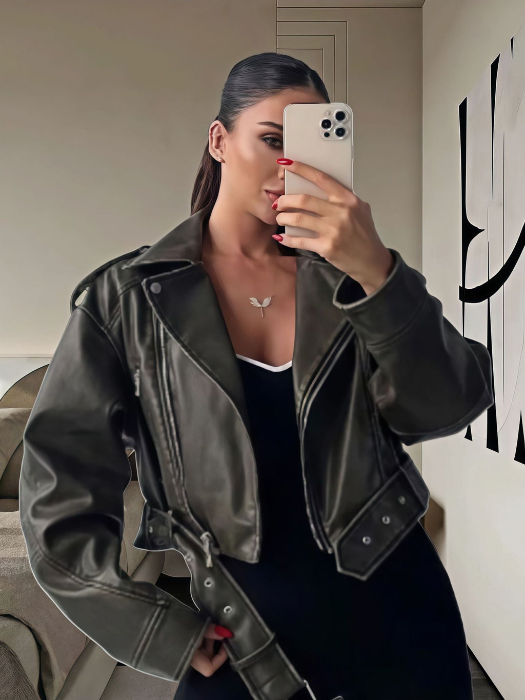 Women's Cropped Faux Leather Jacket with Asymmetrical Zipper