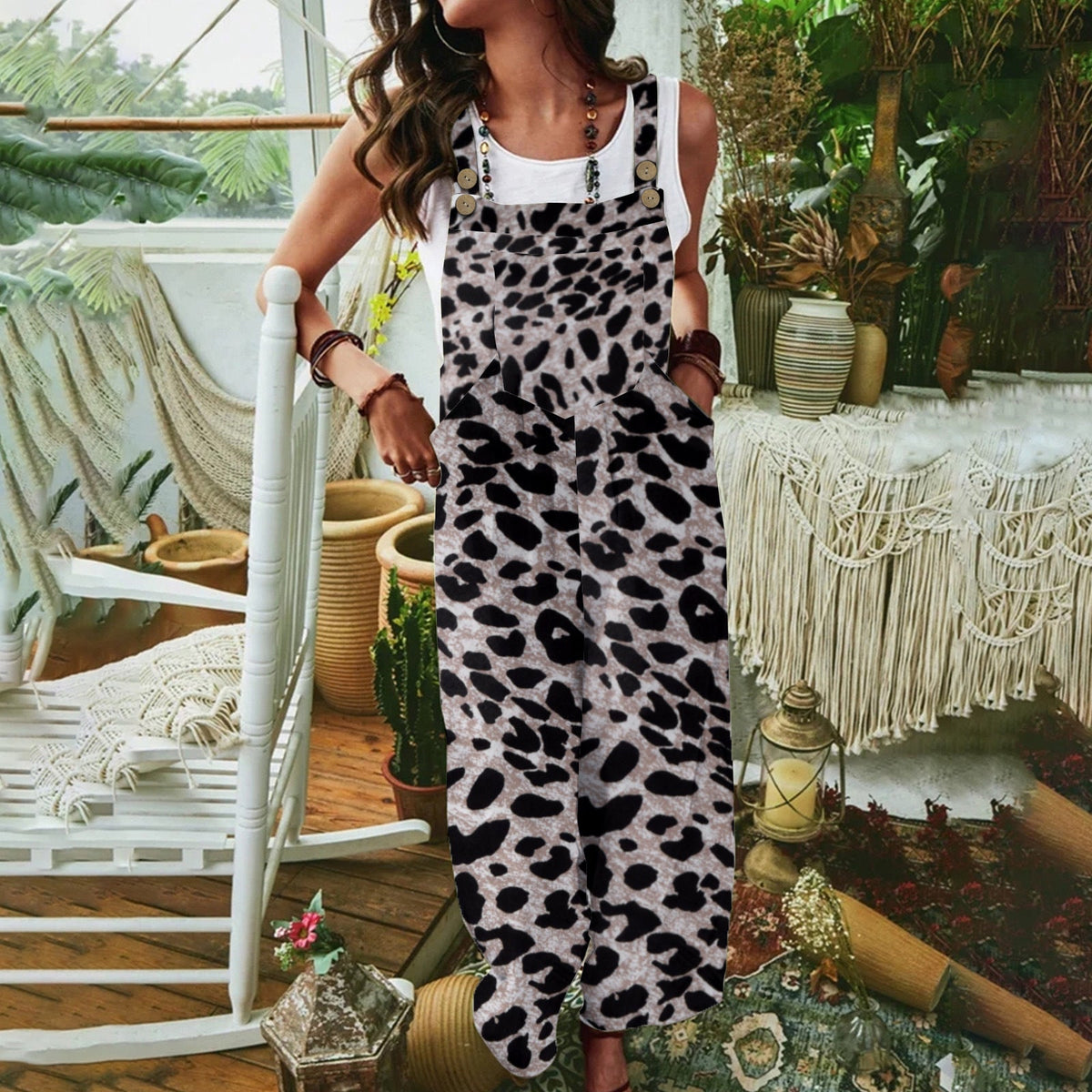 Women's Casual Animal Print Jumpsuit with Pockets