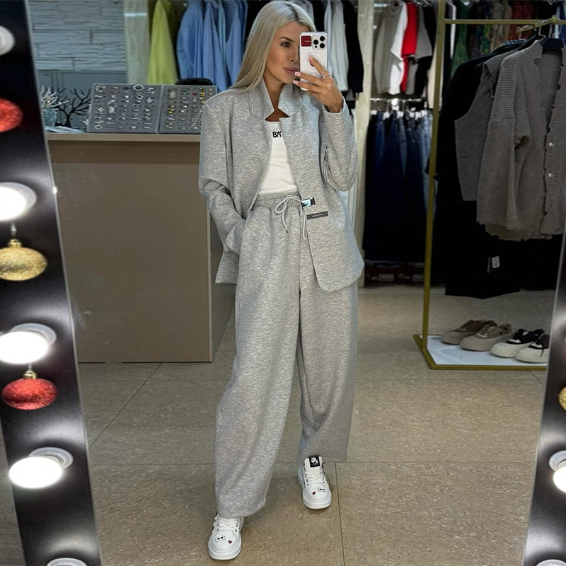 Women's Casual Sweater-Blazer Combo with Wide-Leg Pants