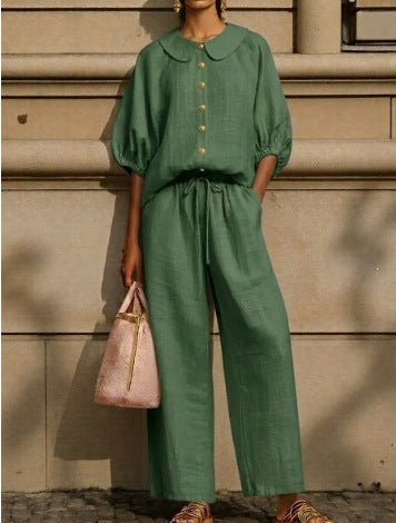 Women's Airy Two-Piece Set with Modern Collar and Button Details