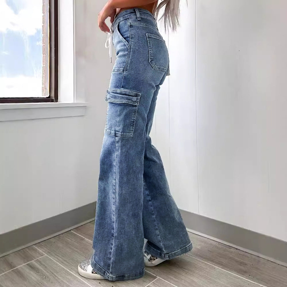 Women's Cargo Jeans with Soft Waistband and Pockets