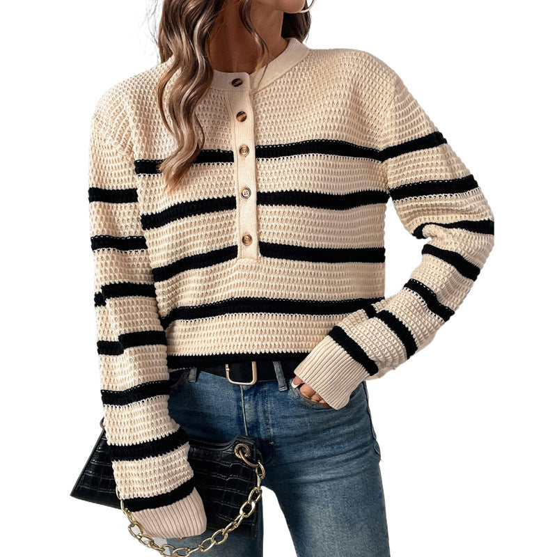 Women's Striped Button-Front Textured Wool Sweater
