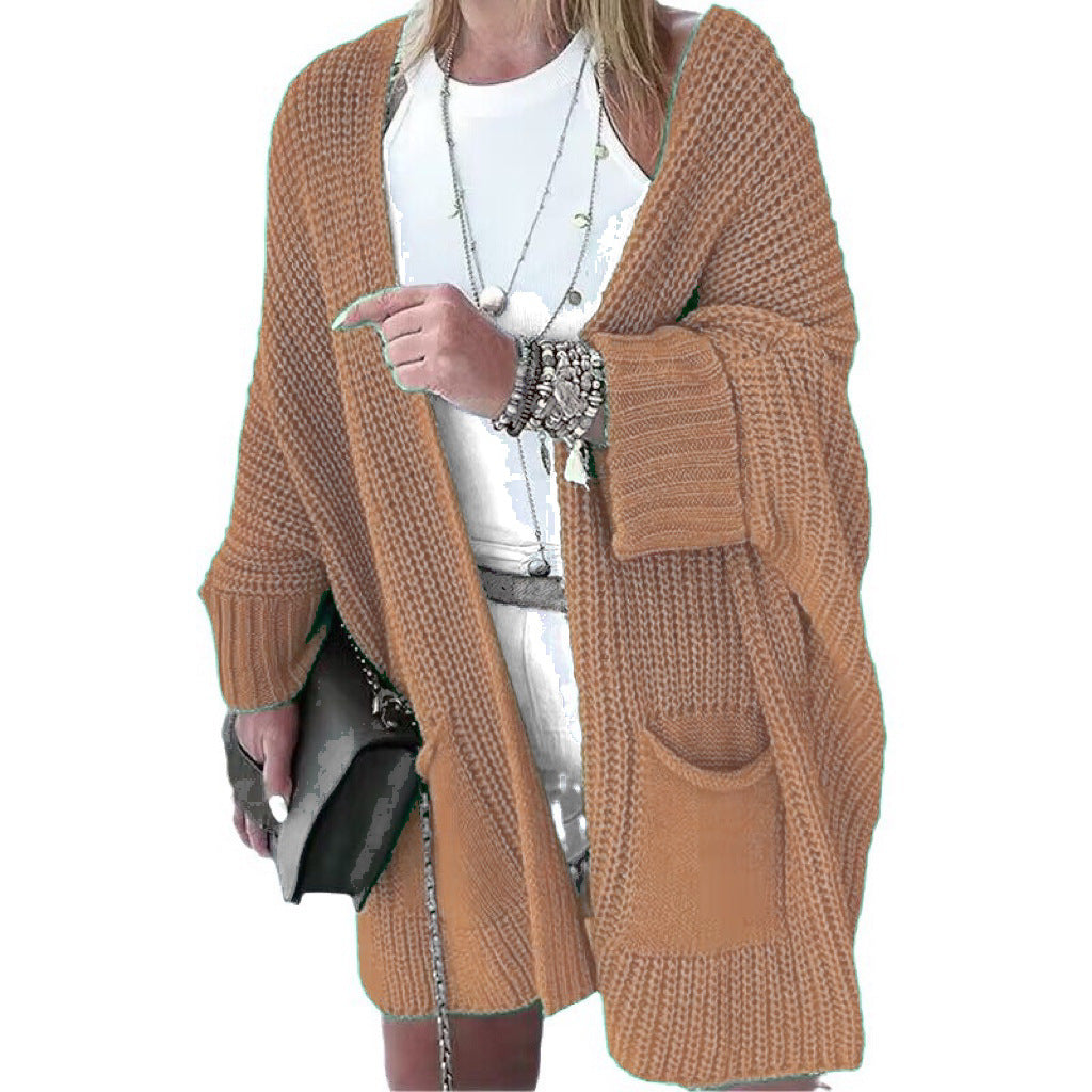 Women's Oversized Chunky Knit Cardigan with Wide Shawl Collar and Patch Pockets
