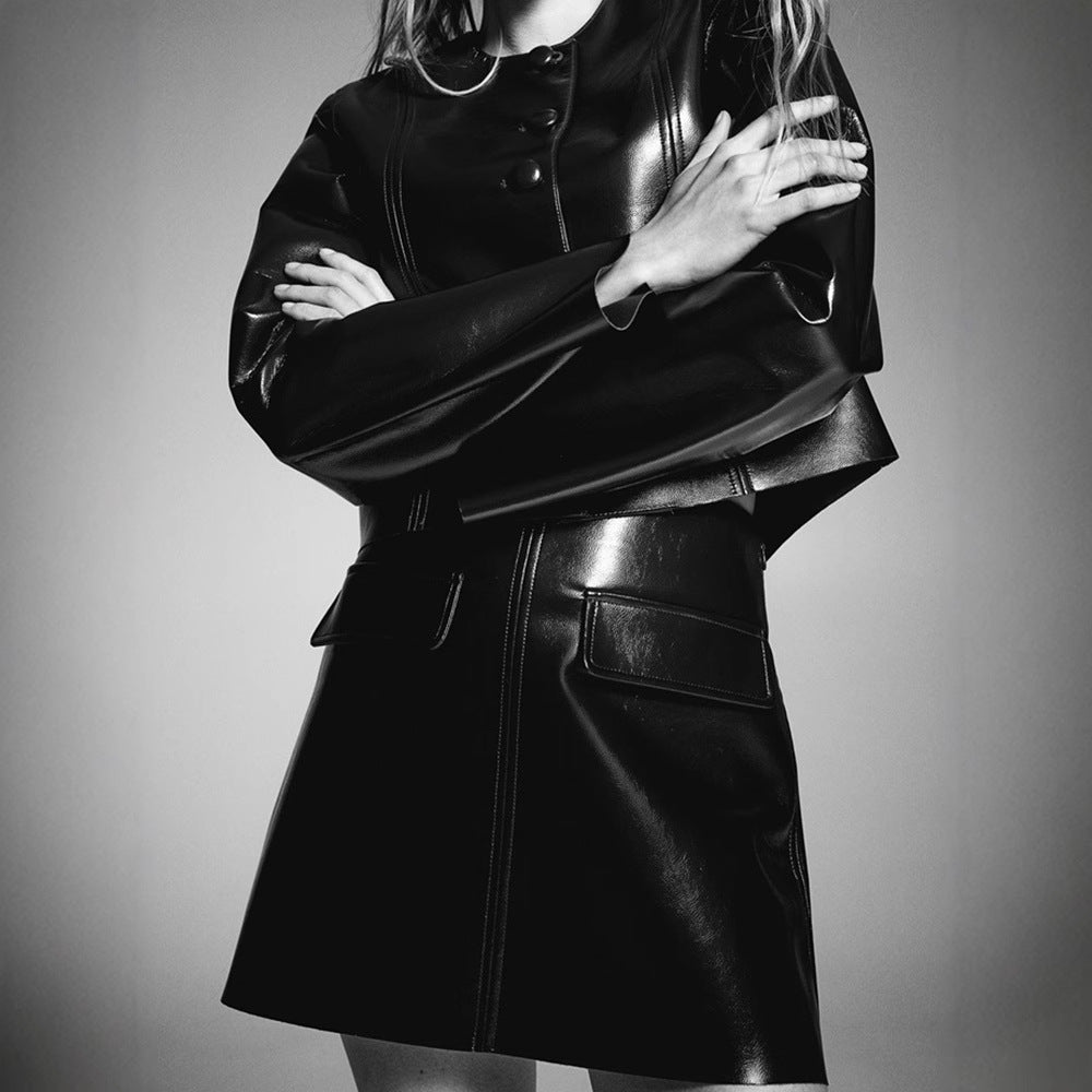 Faux Leather Cropped Jacket and Skirt Set