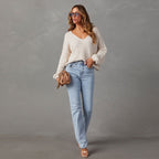 High-Waist Jeans with Casual Fit and Frayed Hem