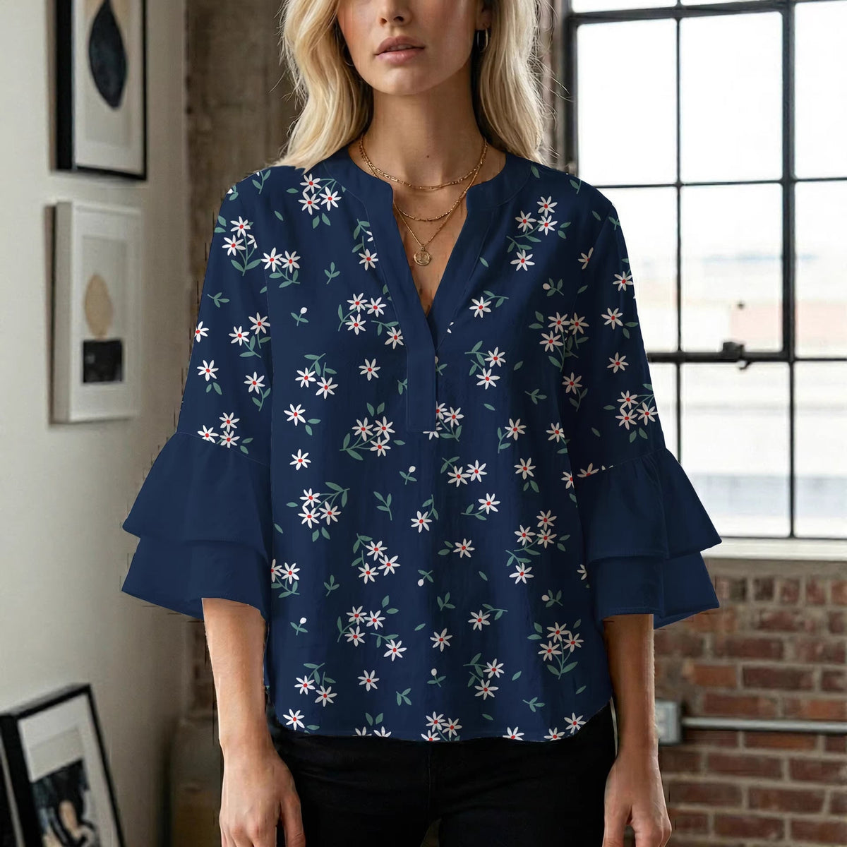 Women's Blouse with Voluminous Sleeves and Floral Design