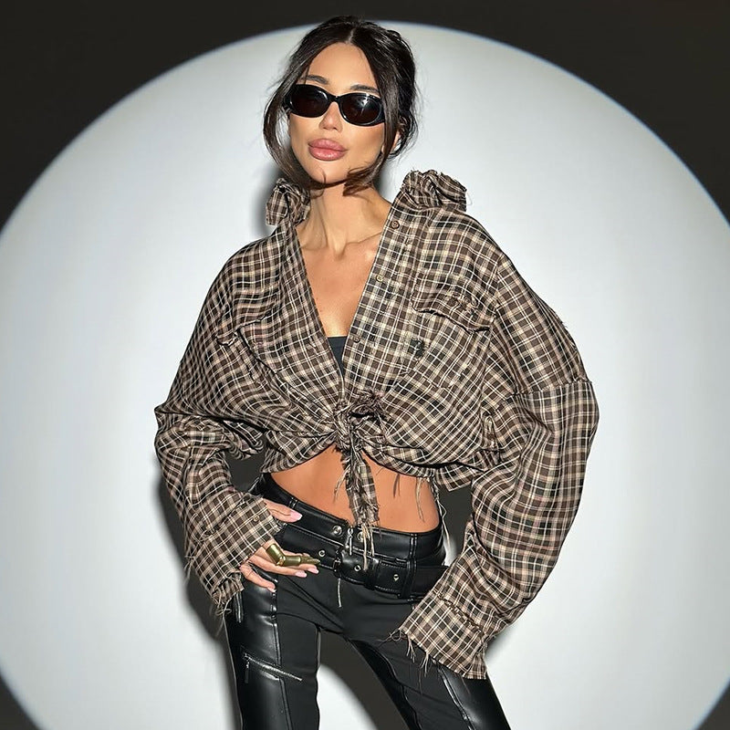 Women's Cropped Plaid Blouse