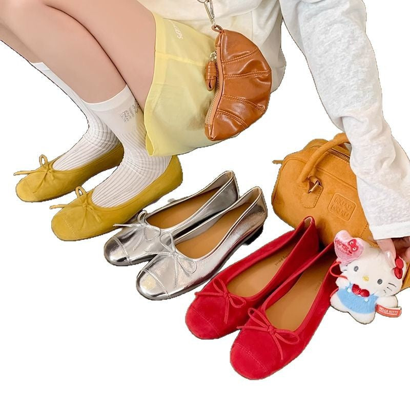 Women's Metallic Leather Ballet Flats with Elegant Bow