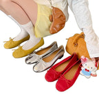 Women's Metallic Leather Ballet Flats with Elegant Bow